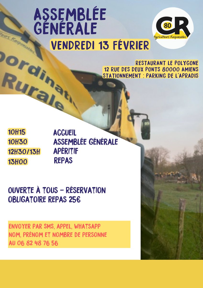 coordinationrur's tweet photo. 🟡 LA #CR80 VOUS DONNE RENDEZ-VOUS POUR SON ASSEMBLÉE GÉNÉRALE
📍 Vendredi 13 février 2026
🕥 À partir de 10h15
📌 Restaurant Le Polygone – Amiens
Au programme :
👉 Point sur les actions menées
👉 Échanges sur l’actualité agricole dans la Somme
👉 Orientations et priorités à venir pour la #CR80
🍽️ Repas à l’issue de l’AG
💶 25 € / personne
📅 Réservation obligatoire avant le 9 février 2026
🟡⚫️ Un temps fort pour se retrouver, débattre et renforcer la mobilisation des agriculteurs du département.
#CoordinationRurale #AgriculteursEnColère #AgricultureFrançaise