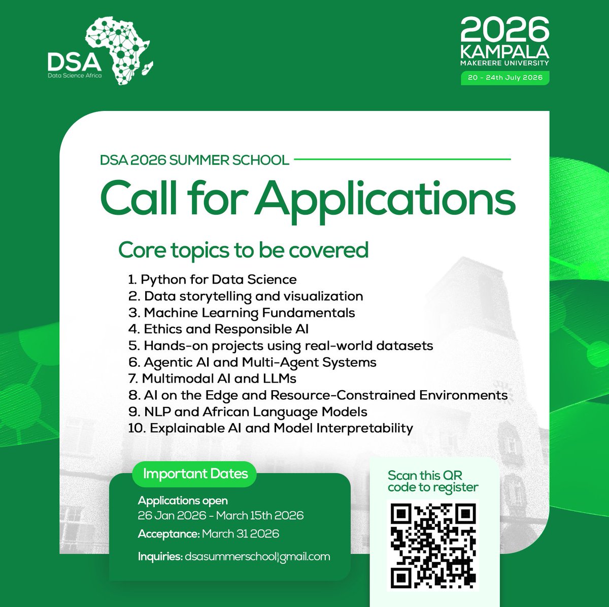 Want to master Multimodal AI, Agentic Systems, or African Language Models?

The #DSAKla2026 Summer School curriculum at <a href="/Makerere/">Makerere University</a> covers the most critical topics in Data Science today.

Learn more and apply today: 🔗 shorturl.at/en9g4