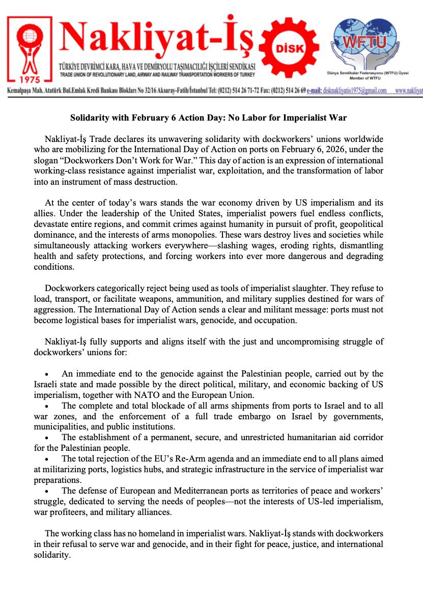 Solidarity with February 6 Action Day: 
No Labor for Imperialist War
👇