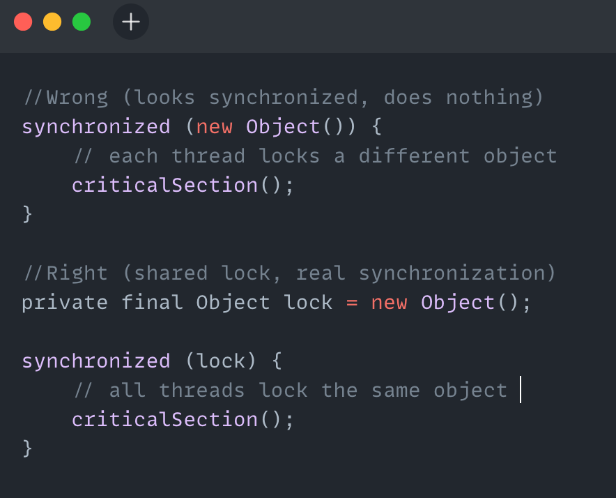 NidhiDevNotes's tweet photo. Java Traps #14
Synchronized on the wrong object
synchronized only works if all threads lock the same object. If you lock on new Object(), every thread gets its own lock. So everyone thinks they’re synchronized but no one actually is.
#Java #JavaTraps #TechTwitter #SoftwareEngineering