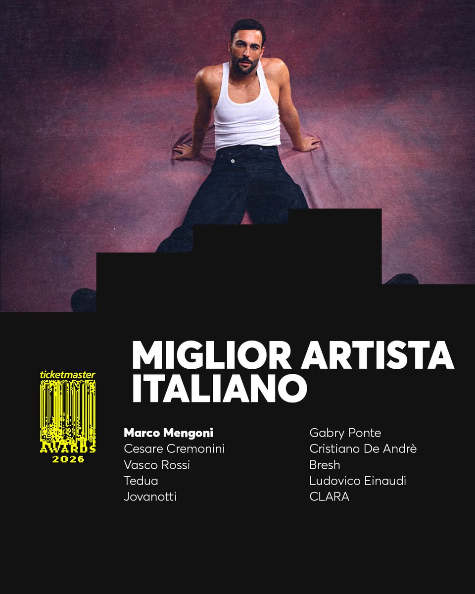 Marco Mengoni è il vincitore dei Ticketmaster Awards 2026 nella categoria MIGLIOR ARTISTA ITALIANO 🏆

📸 instagram.com/p/DUTK9zBjbU0/…