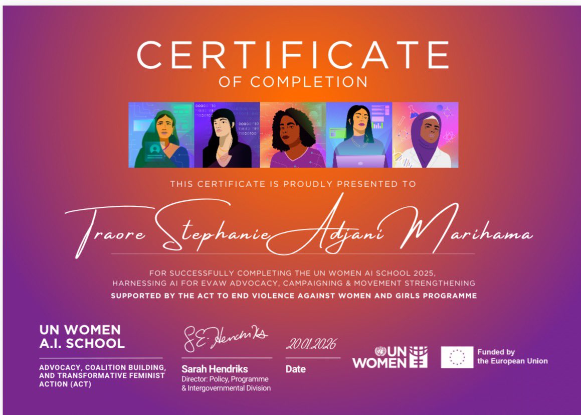 🎓 Graduée de la <a href="/UN_Women/">UN Women</a> AI School 2025 !
Immense fierté : mon projet #LAlliée est dans le TOP 3 MONDIAL (Mexique, Colombie, CI).
La Côte d'Ivoire a brillé.
L'IA au service de la protection des femmes est en marche ! 🛡️🚀

#LeadershipFéminin #VBG #ONUFemmes #UE