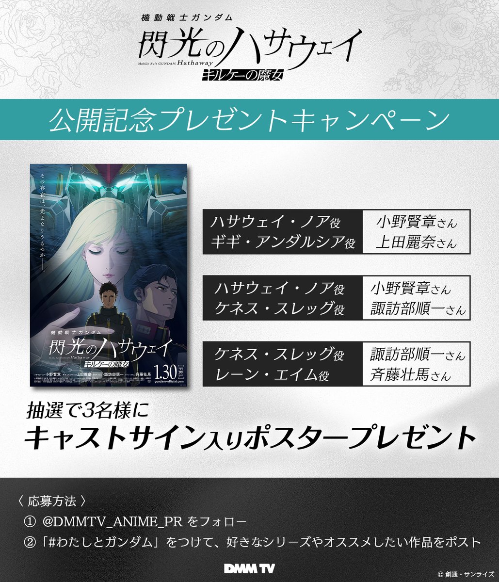 『機動戦士ガンダム 閃光のハサウェイ キルケーの魔女』公開記念キャンペーン✨
· · ─── ·✶· ─── · ·

▼参加方法 
❶<a href="/DMMTV_ANIME_PR/">DMM TV アニメ【公式】</a> をフォロー 
❷「#わたしとガンダム」をつけて、好きなシリーズやオススメしたい作品をポスト

サイン入りポスターを抽選で3️⃣名様にプレゼント！