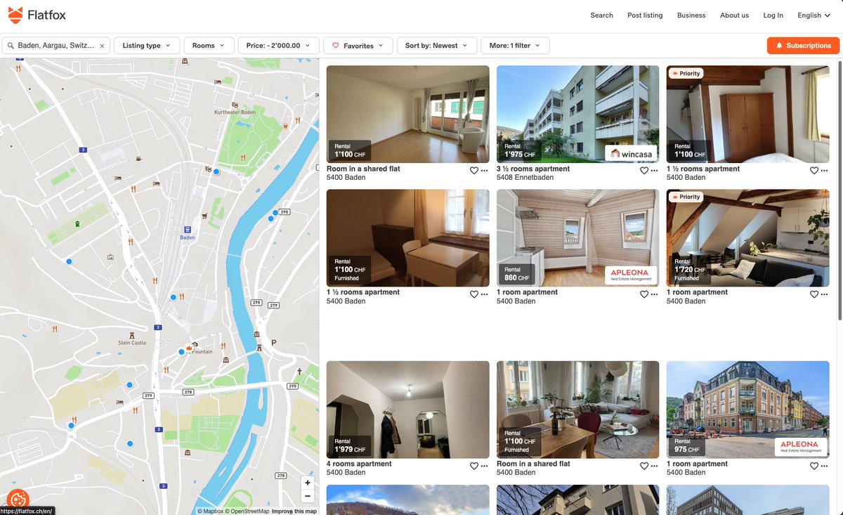 El primer paso para buscar piso en 🇨🇭 es suscribirte a las alertas de nuevas publicaciones.

A mi me gusta hacerlo en FlatFox porque tiene un mapa interactivo que te muestra los pisos disponibles por zona basado en tus filtros.

Por ejemplo, pisos en la zona de Baden ⬇️