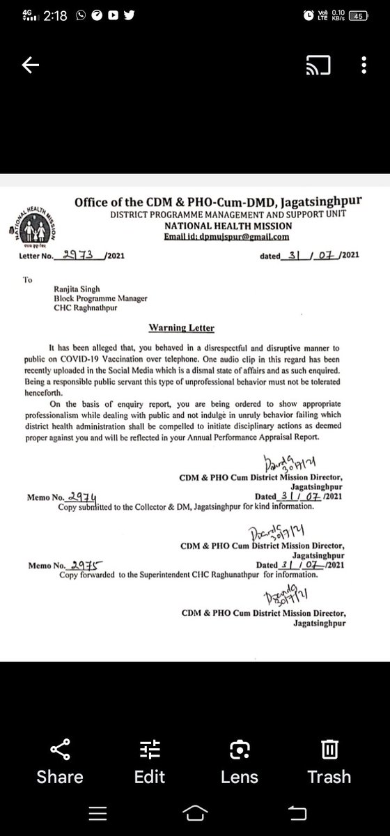 SaritMohapatra's tweet photo. Because of poor behavior towards patients and public representatives, this was issued as a warning letter from the CDMO office. https://t.co/xhAk4IpxdR