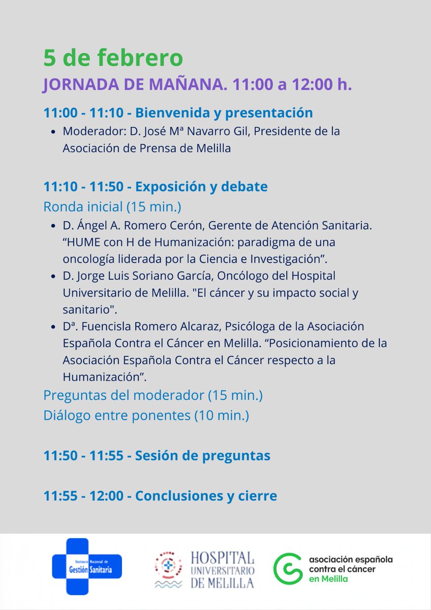 Mañana, el Hospital Universitario de Melilla acoge las jornadas del #DíaMundialContraElCáncer bajo el lema “Apostando por la humanización” 🤍
Un encuentro organizado para poner a las personas en el centro de la atención sanitaria. #Humanización #ContraElCáncer #INGESA #Melilla