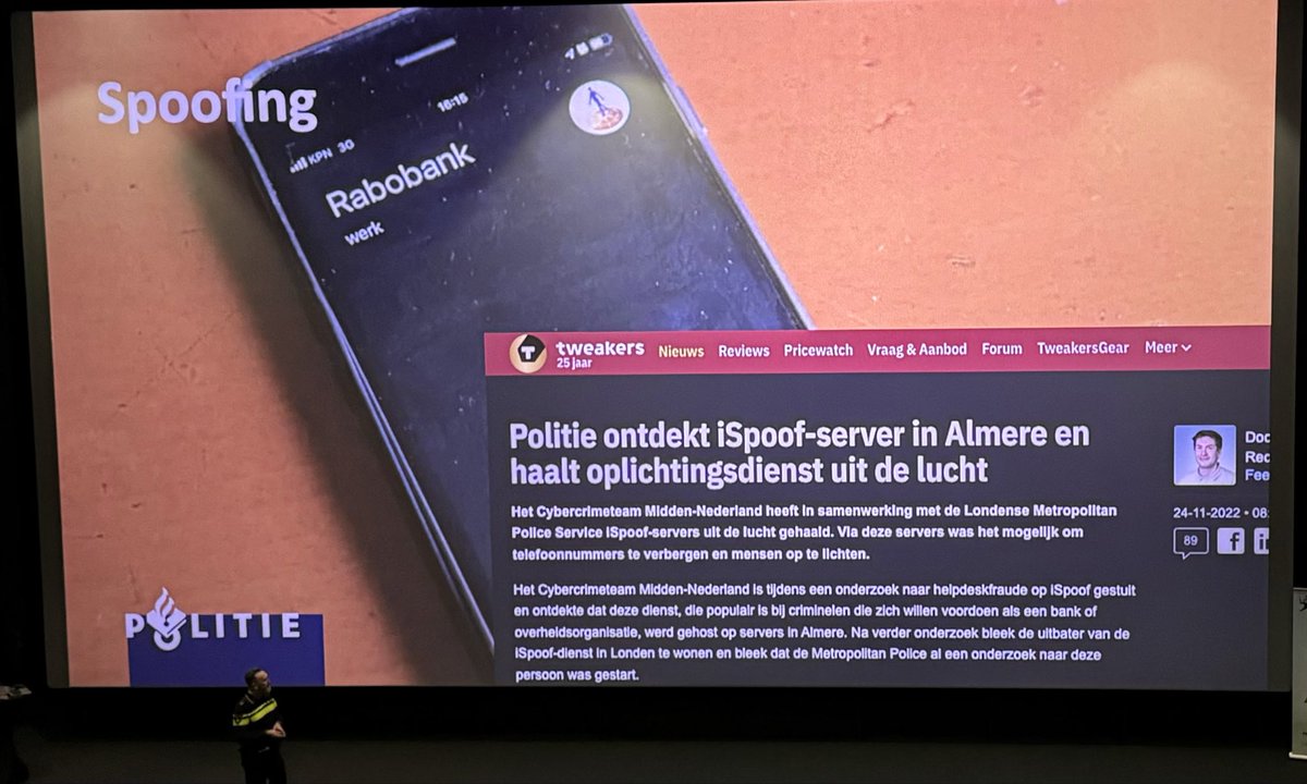 pascalvis365's tweet photo. Keynote by Henrique van Huisstede - Politie Midden Nederland, speaking about iSpoof @wpninjasnl #CyberSecurity #iSpoof #KnowledgeSharing https://t.co/vEXcwY42kz
