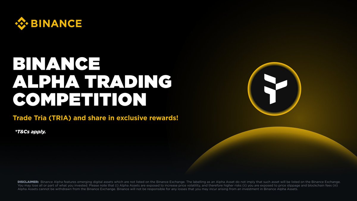 Join the #Binance TRIA Trading Competition now!

🔸 Trade TRIA  with $200K worth of rewards up for grabs
🔍 Users must click【Join】on the event page to participate, only trading volume generated after successful registration will be counted as valid volume
🔍 Only cumulative