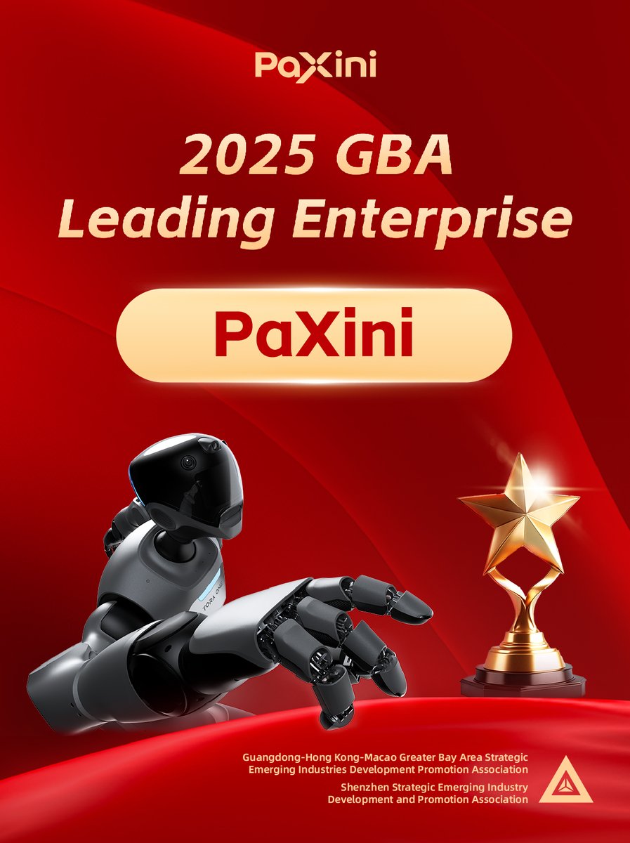 PaXiniTech's tweet photo. PaXini is proud to be named a 2025 Greater Bay Area Strategic Emerging Industries Leading Enterprise, and our Founder &amp; CEO, Dr. Xu Jincheng, is recognized as a 2025 Greater Bay Area Strategic Emerging Industries Youth Leader.
#PaXini #Robotic https://t.co/goDgNEabVO