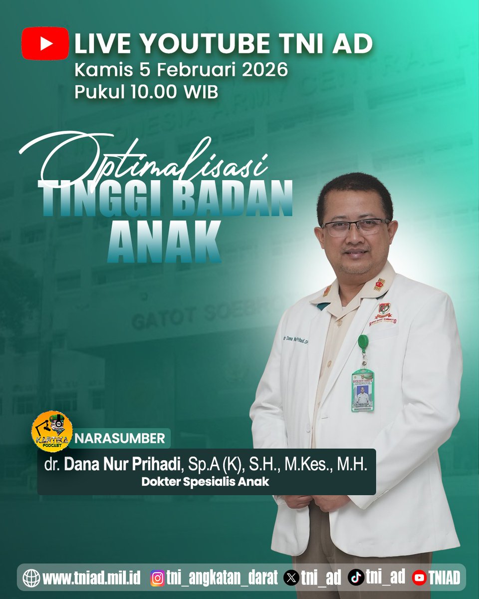tni_ad's tweet photo. Halo Sahabat Kartika Podcast, Yuk saksikan dan berpartisipasi dalam live streaming Kartika Podcast TNI AD.
🗓️ Kamis, 5 Februari 2026
🕙 Pukul 10.00 WIB
📽️ Live streaming di Youtube TNI AD
https://t.co/fmbUJyukKB
#TNIAD #TNIADBekerjaDenganHati
#RSPAD
#KARTIKAPODCAST https://t.co/y5GQKaVNnj