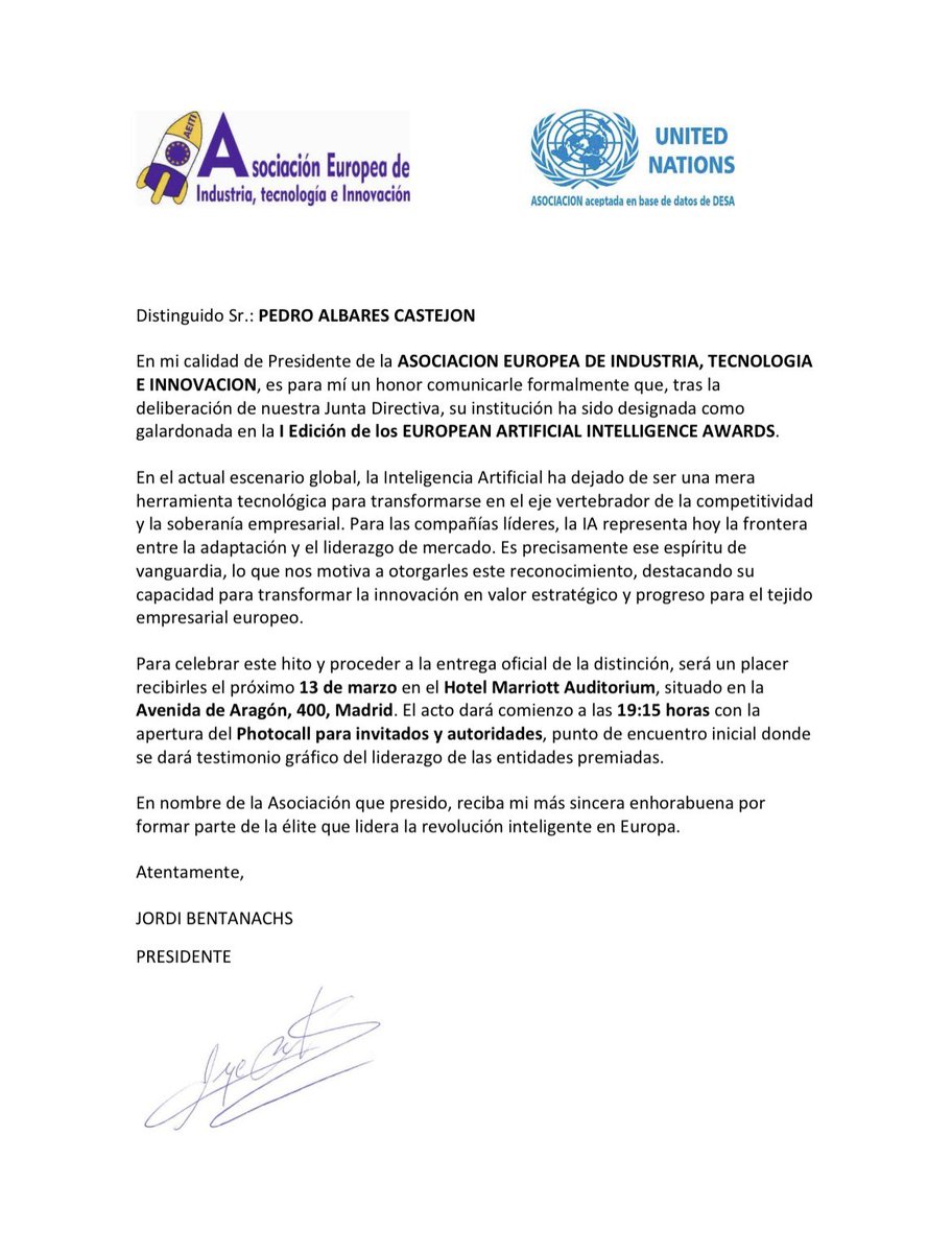 Nos enorgullece anunciar que Albares Abogados ha sido designada como galardonada en la I Edición de los EUROPEAN ARTIFICIAL INTELLIGENCE AWARDS <a href="/PedroAlbares/">Pedro Albares Castejón 🇪🇸</a> 

albaresabogadosmanises.es

#Abogadospenalistas #Despacho #Madrid #Valencia #AEITI #Europa #Abogados #BestLawyers #Líderes