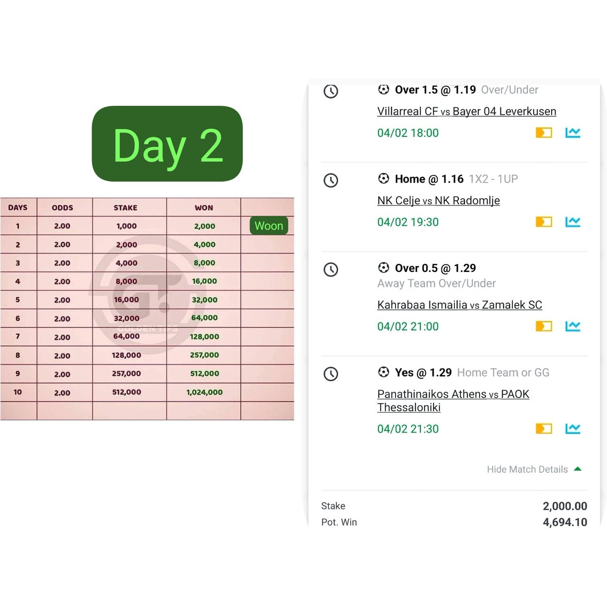 10 DAYS ROLLER ☘️🧝‍♀️

 Day 1 ✅✅✅
Day  2 🎲🎲🎲

♟️Sporty Code - 478R9L
          
          ♟️ ODDS:2.25 🎲
