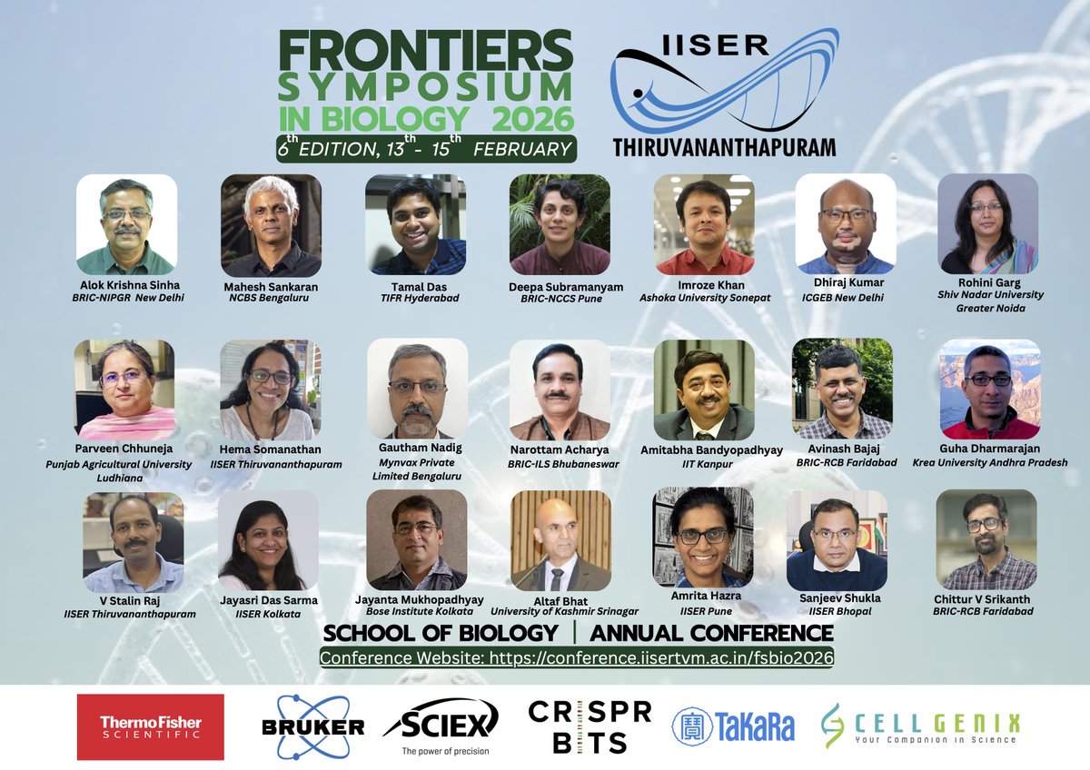 bio_iisertvm's tweet photo. The School of Biology at @tvmiiser is proud to host the next edition of Frontiers Symposium in Biology, 13–15 February 2026. With an outstanding lineup of speakers, we are looking forward to three days of exciting science and engaging discussions. https://t.co/j5exUtaQdV