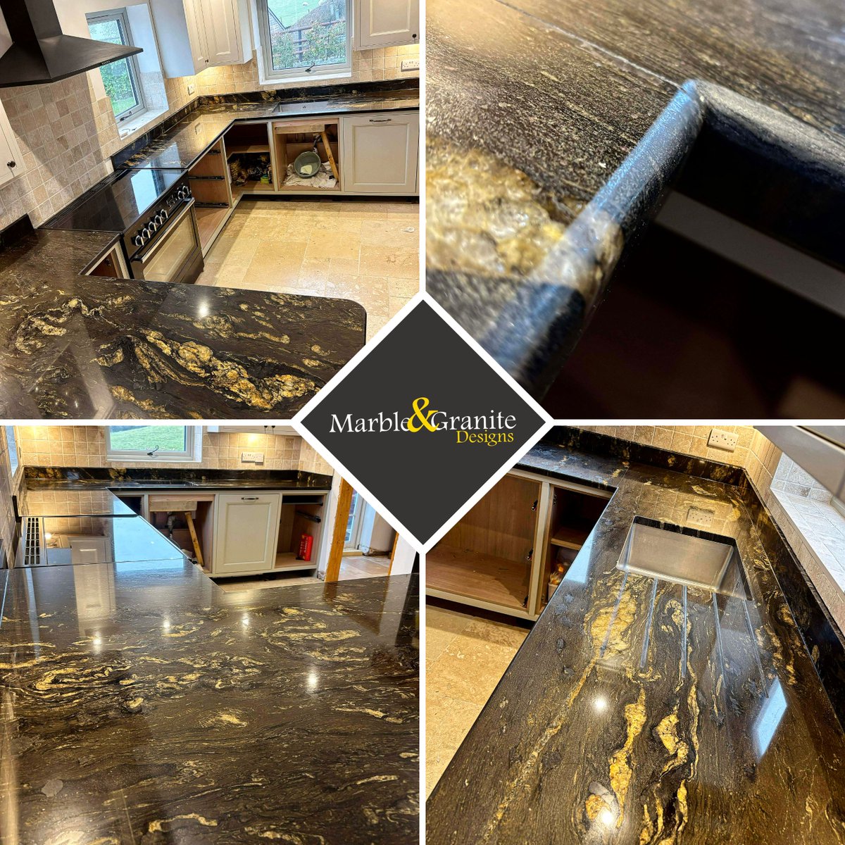 MarbleGDesigns's tweet photo. New install complete. โ
Cosmic Black Yellow Granite (30mm) bringing serious drama to this kitchen. The contrast between the magma-style gold veins and the cream units is unreal. Natural stone at its best. #Granite #KitchenReno #InteriorDesign #ConstructionUK https://t.co/GysSleJlGK