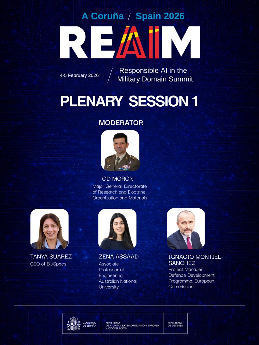 reaim2026's tweet photo. 🧠 Plenary Session I at the #REAIM Summit 🌍The Frontier Challenge: AGI, Agentics, and Human Control
With Tanya Suarez, Ignacio Montiel-Sánchez and Zena Assaad.
Moderator: Fernando Morón https://t.co/3UYWmhBOPr