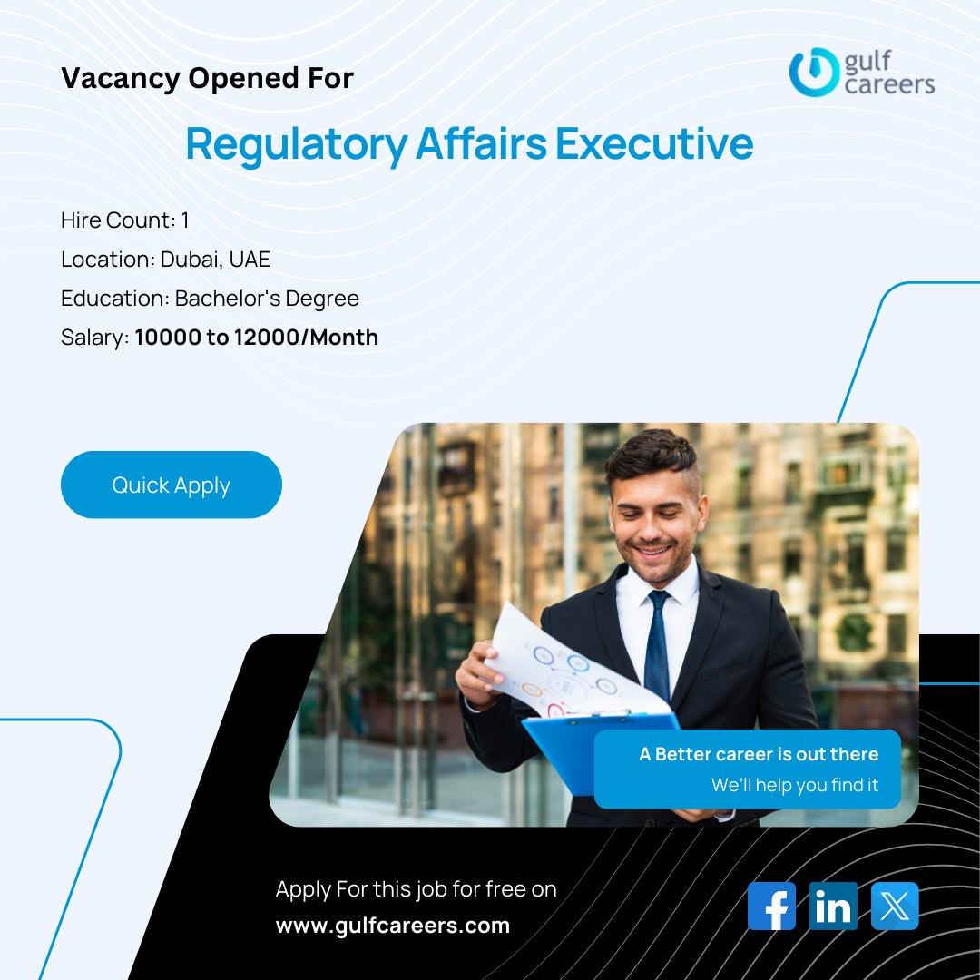 GulfcareersUae's tweet photo. Position: Regulatory Affairs Executive

✅ Experience Required: 3–4 Years
💰 Salary: 10000 – 12000 / Monthly
🎓 Education Qualification: Bachelor’s Degree
👥 Gender Preference: Any
⏳ Deadline: February 18, 2026

https://t.co/uGVC4KYqp8

#RegulatoryAffairs #ExecutiveRole https://t.co/UN6zyRs0w6