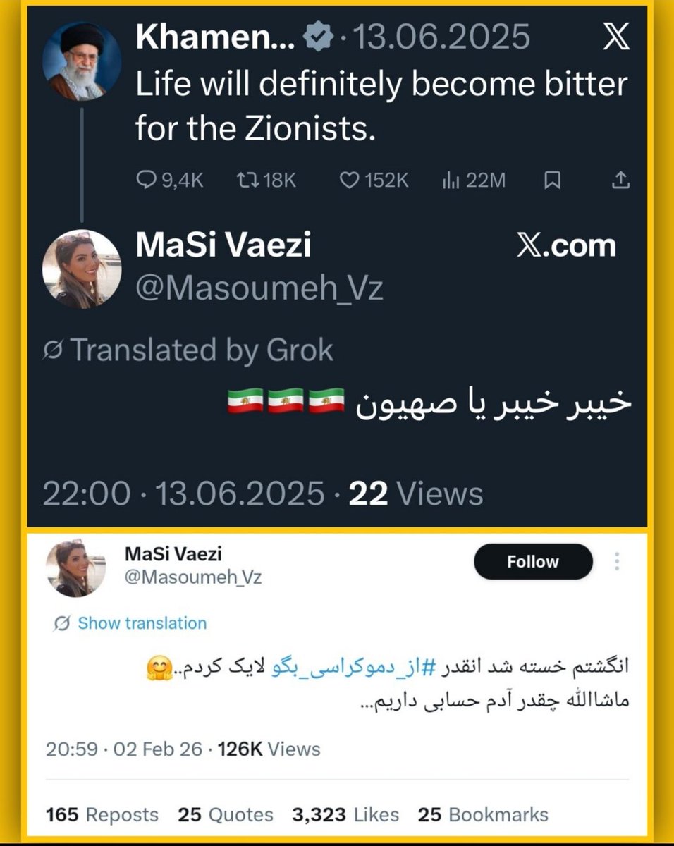 Mohammad_Reza18's tweet photo. تا دیروز زیر پست‌های خامنه‌ای می‌نوشته: 《خیبر خیبر یا صهیون》
الان برای ما از دموکراسی میگه.

#جاویدشاه https://t.co/UgwH5Ad9AU