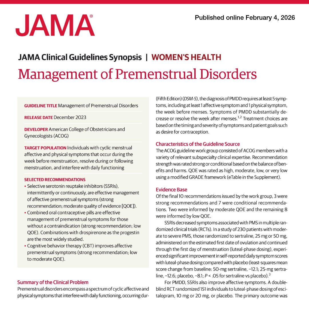 JAMA_current's tweet photo. 📈 JAMA Clinical Guidelines Synopsis: The 2023 ACOG guideline recommends selective serotonin reuptake inhibitors (#SSRIs), used intermittently or continuously, as effective for managing affective symptoms of #premenstrual disorders. 

https://t.co/tPFzcekAcw https://t.co/j2SwSP97oJ