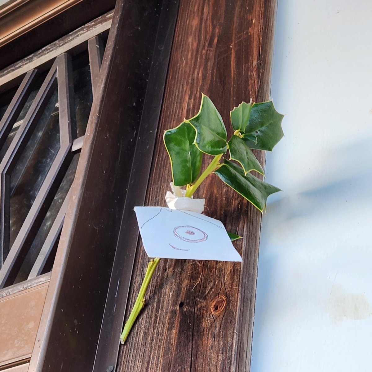 春の夕暮れ。
梅の花のつぼみはまだ固い。寒いけど雪が降らないのよね、今年は。
節分の夜は大羽目刺しを食べて、頭をヒイラギの枝に刺す...という習慣がある。でも昨夜はうっかり鳥食べちゃったから、イワシの頭を描いてヒイラギの枝に結んだ。鬼、ビックリして逃げたかな？