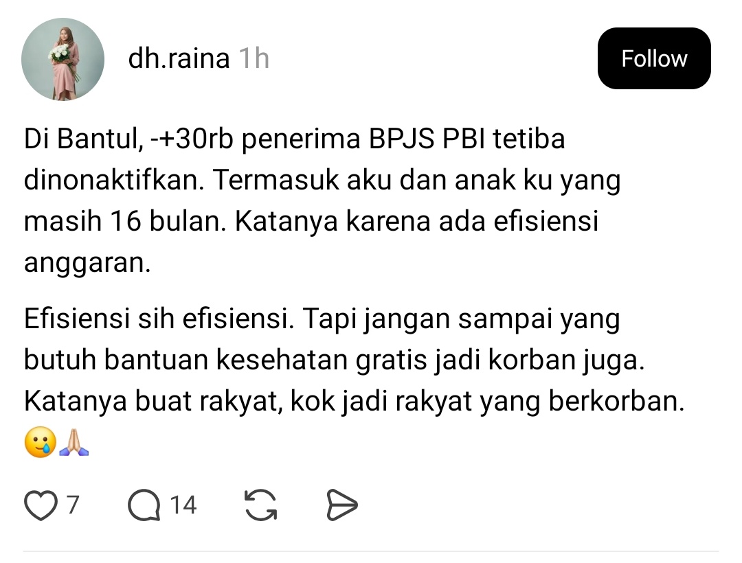Kalau mau ikut BPJS mandiri, sepertinya lumayan berat buat masyarakat yg beneran gak mampu....

Contoh: 1 KK ada 3 orang (ayah, ibu, dan 1 anak)
Ambil iuran mandiri yg termurah: 35rb/bulan
Total iuran per bulan utk 1 KK: 35rb x 3 = 105rb
Jadi, setiap bulan, harus menyisihkan