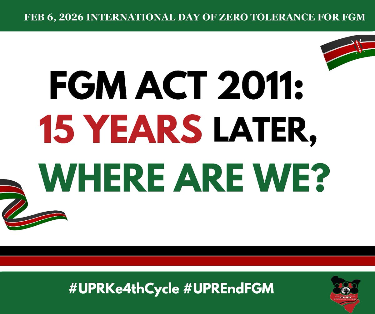 15 years later, the Prohibition of FGM Act (2011) remains a critical shield for girls and women in Kenya.
The law exists but we must strengthen enforcement, protection, and community accountability.

#UPRKe4thCycle #UPREndFGM
<a href="/UPRKenya/">UPR Kenya</a>
<a href="/EACHRights/">The East African Centre for Human Rights</a>
<a href="/CREAWKenya/">CREAW Kenya</a>
<a href="/esrc_hakijamii/">ESRC-Hakijamii</a>