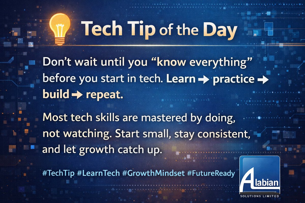 💡 Tech Tip of the Day

Don’t wait until you “know everything” before you start in tech.
Learn ➝ practice ➝ build ➝ repeat.
Most tech skills are mastered by doing, not watching.
Start small, stay consistent, and let growth catch up.