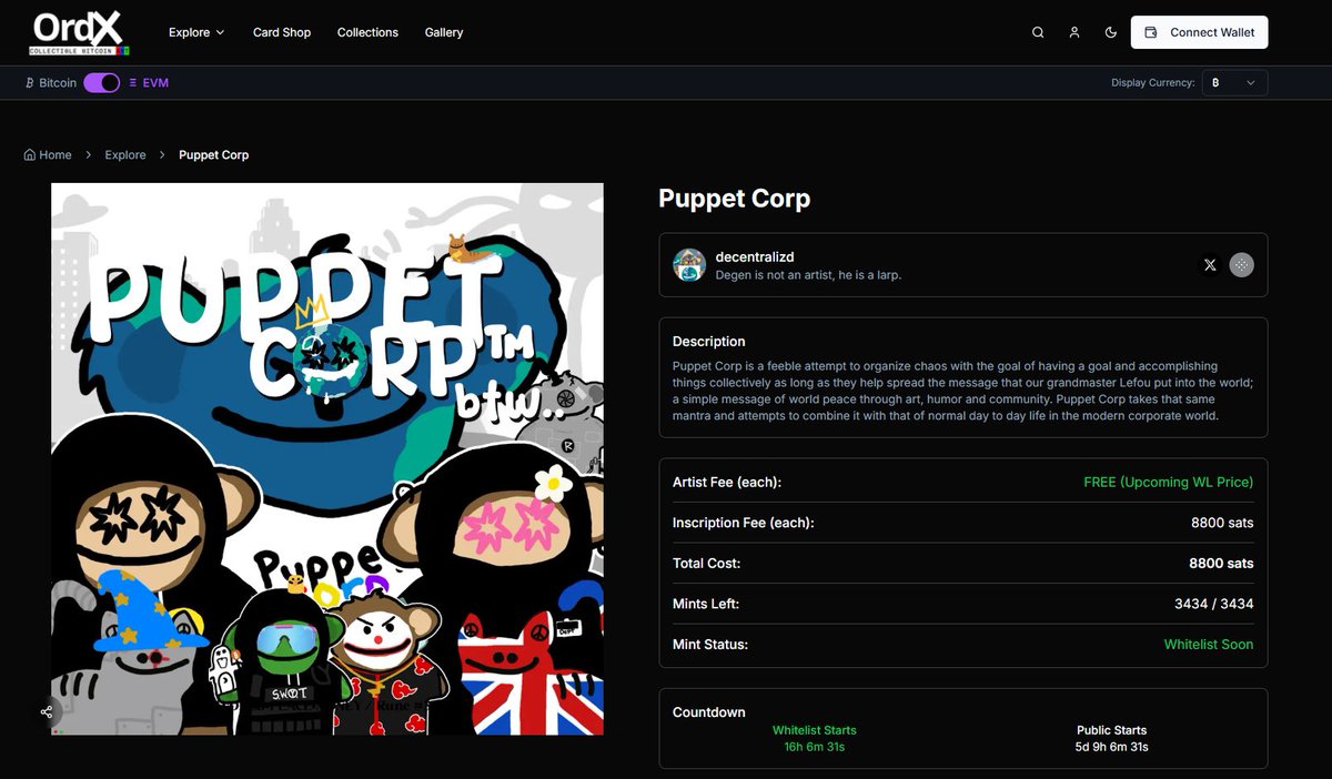 The long awaited Puppet Corp mint goes live for FREE whitelist phase in 16 hours.

Whitelist includes:
- World Peace Money (Rune #34)
- <a href="/BitcoinPuppets/">Bitcoin Puppets Community</a>  
- O.P.I.U.M.
- All <a href="/OrdXcom/">OrdX - Bitcoin Collectibles</a> users: Bitcoin Cyborgs, Dishonorables, Cardshop, etc.

Max 5 per wallet.

ord-x.com/item/Puppet-Co…