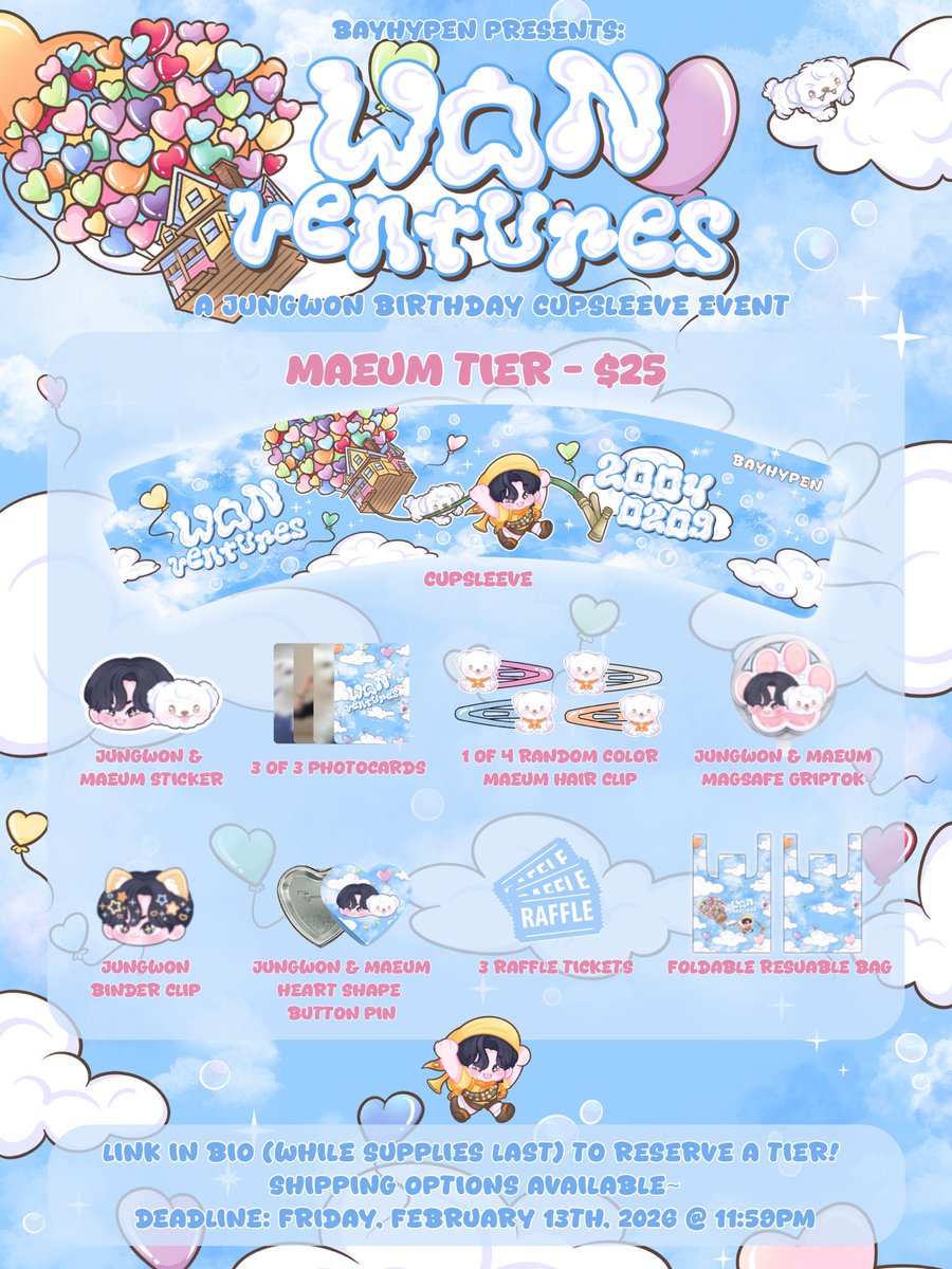 ༘⋆-ˋˏ Celebrate Jungwon’s birthday with us this Valentine’s Day! ·˚ ༘༘⋆ˎˊ˗ 

⋆°•☁︎ WONVENTURES ⋆°•☁︎

Donation tiers available - linktr.ee/bayhypen ۶ৎ 

#JUNGWON #ENHYPEN_JUNGWON  

special thanks to <a href="/kloudkpop/">Kloud K-Pop! ☁️</a> for sponsoring album raffle prizes!