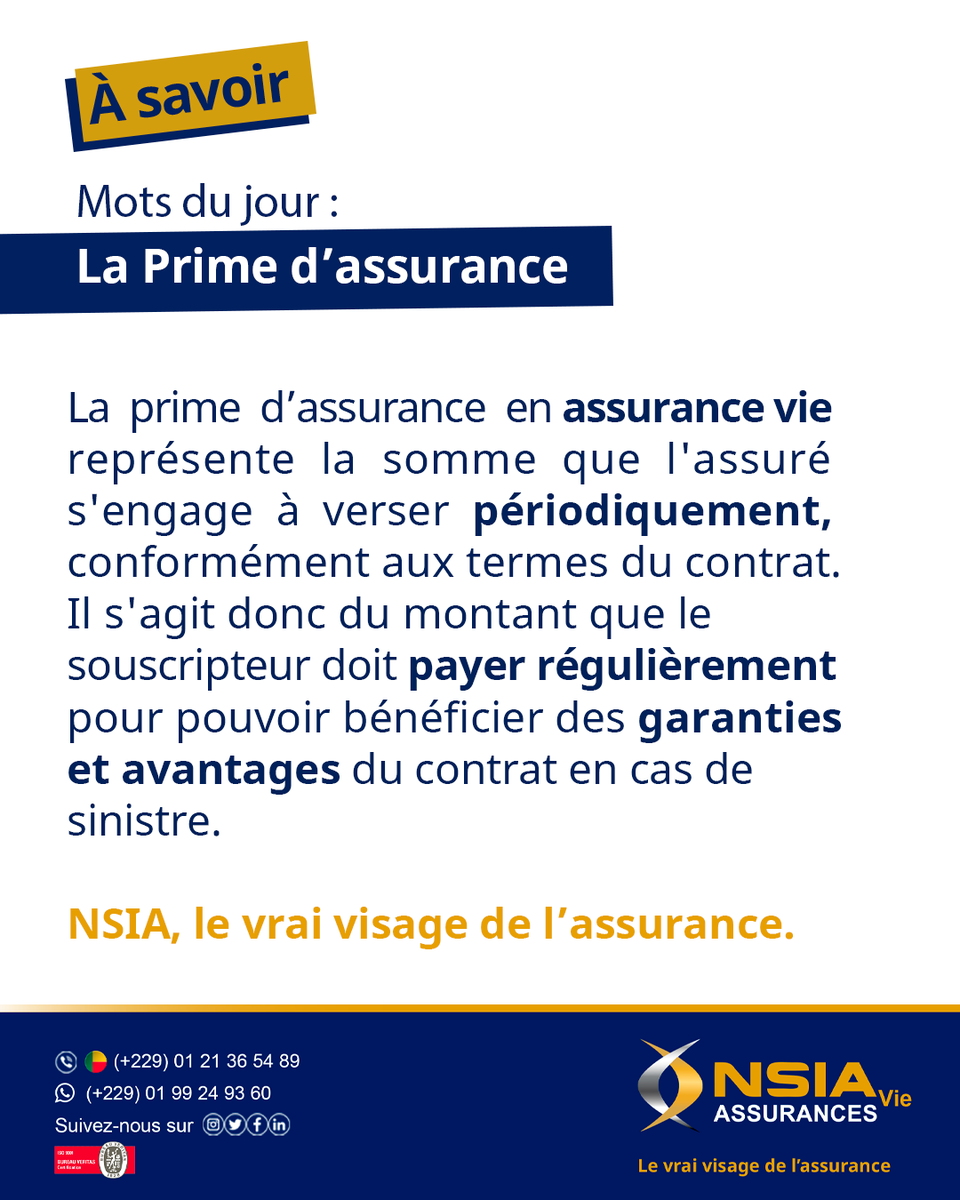nsia_vie's tweet photo. [𝐀𝐬𝐬𝐮𝐫𝐚𝐧𝐜𝐞 𝐕𝐢𝐞 𝐞𝐧 𝐌𝐨𝐭𝐬]

Mots du jour : 𝐋𝐚 𝐏𝐫𝐢𝐦𝐞 𝐝’𝐚𝐬𝐬𝐮𝐫𝐚𝐧𝐜𝐞 

La prime d’assurance en assurance vie représente la somme que l'assuré s'engage à verser périodiquement, conformément aux termes du contrat. 

#NSIAVieAssurances #Waxeho https://t.co/KAJiFUgLbB