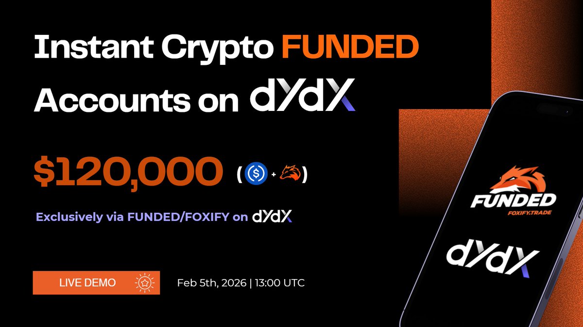 Traders on <a href="/dYdX/">dYdX</a> can now get $10,000 instant FUNDED accounts onchain… starting with as little as $100

Keep 80% of the profits you make with the FUNDED capital. Instant payouts. 220+ markets with up to 50x leverage!

We’re breaking it all down in a live demo &amp; AMA with