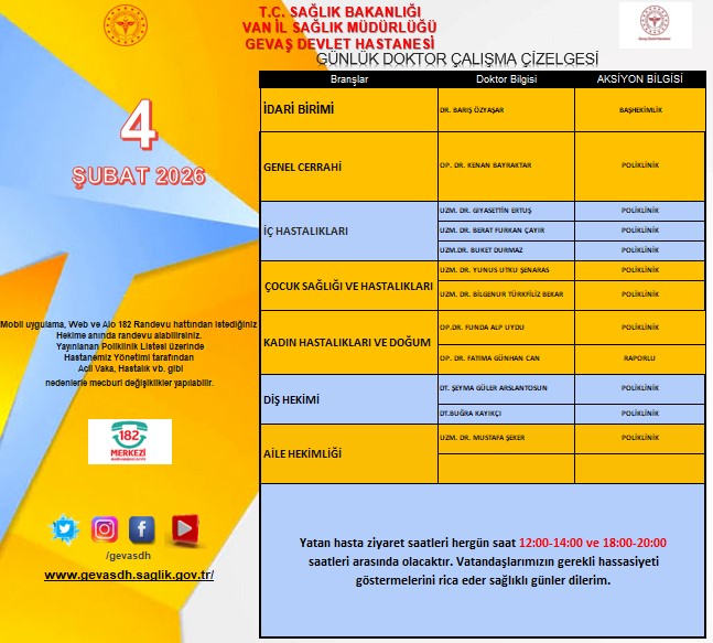 Mobil,Web ve 182 Randevu hattından istediğiniz Hekime anında randevu alabilirsiniz. Yayınlanan Poliklinik Listesi üzerinde Hastanemiz Yönetimi tarafından Acil Vaka,Hastalık vb.gibi nedenlerle mecburi değişiklikler yapılabilir.
<a href="/vanilsaglik/">Van İl Sağlık Müdürlüğü</a>

<a href="/drmuhammedtosun/">Dr.Muhammed Tosun</a>

<a href="/KHHBVANILSAGLIK/">Dr. Sevcan Sağlam</a>