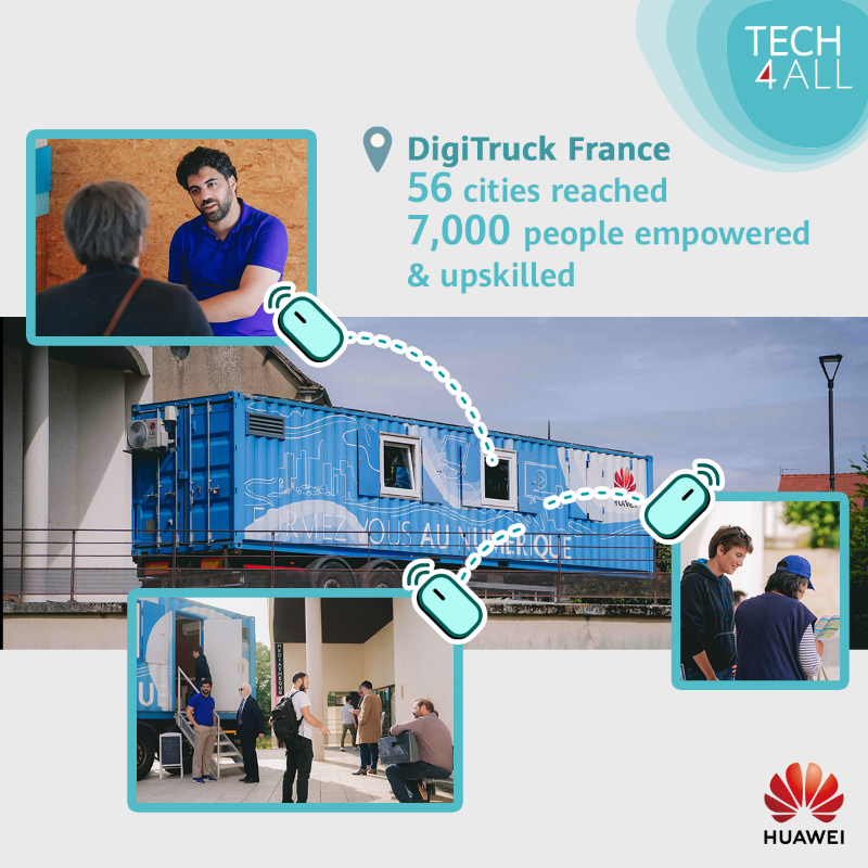 HUAWEI_TECH4ALL's tweet photo. DigiTruck is helping people across France gain the digital skills they need to learn and thrive. Since 2021, DigiTruck has shared free digital skills training with 7,000+ people across 56 cities in France, opening doors to employment, online services, and a brighter future.