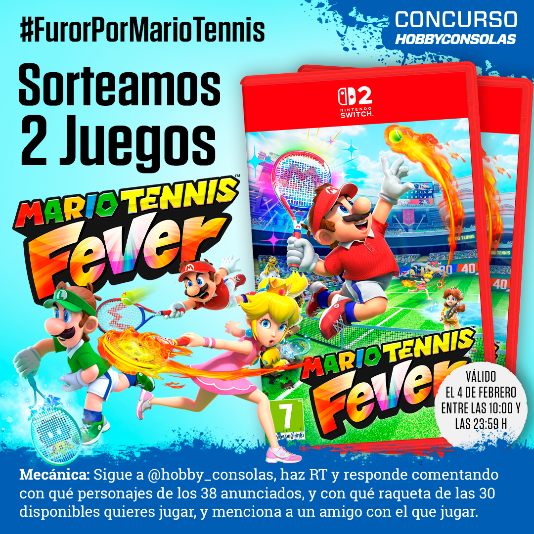 📢 ¡SORTEO!

🏆 2 copias de Mario Tennis Fever

1️⃣ Síguenos
2️⃣ RT
3️⃣ Responde comentando responder con qué personajes de los 38 anunciados, y con qué raqueta de las 30 disponibles quieres jugar, y mencionar a un amigo con el que jugar con #FurorPorMarioTennis

⏰ ¡Termina HOY!