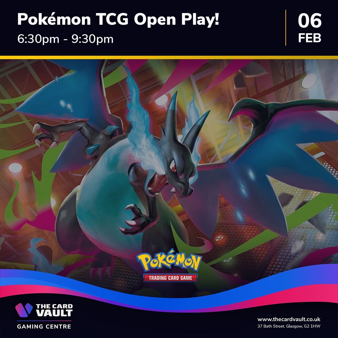 🎉 POKEMON TCG OPEN PLAY! 🎉

Our next Pokémon TCG Open Play event starts this Friday at 6:30PM! Standard format, casual play, 1 booster pack on entry, 16 seats.

Entry: £7
Buy Ticket: buff.ly/Z3STGxv

#TheCardVault #TCVGamingCentre #TCG #Pokemon #PokemonPlay #Glasgow