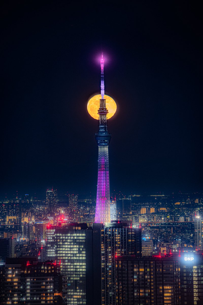 haskap1017's tweet image. スカイツリーと月を一緒に撮ったらセーラームーンの世界みたいでした