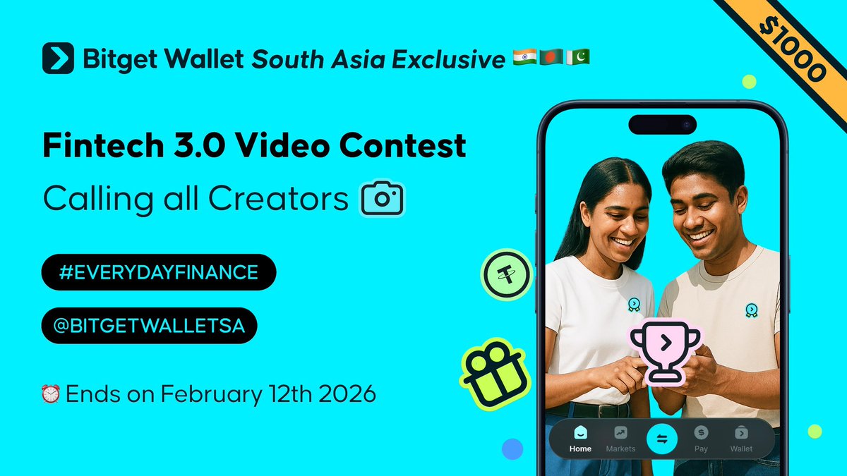 BitgetWalletSA's tweet photo. 🎥 Fintech 3.0 Video Contest: Calling All Creators!

🗓 Event Duration: 4th - 12th February

1. Create a short video showing how Finance 3.0 is bridging Web2 finance → Web3 finance.
2. Use parallels like:
 - FD → Earn
 - Futures → Perps
 - Stocks → Tokenised stocks
 - UPI transfers → QR / wallet transfers
 - Large caps → BTC / ETH investing
3. Complete 1 swap for demonstration

📌 Rules: 
✅ Only video entries allowed
✅ Must include Web2 vs Web3 comparison using Bitget Wallet
✅ Must show the New UI (screen recording required)
✅ Tag @BitgetWalletSA and use #everydayfinance
✅ AI voiceovers not allowed
✅ Local language videos are accepted and preferred

📌 Submit your entry via this Google Form: https://t.co/ZEK6HKiUHS

🏆 Prize Pool: $1000 (12 Winners)
1st: $250
2nd: $150
3rd: $100
4th: $80
5th: $70
6th-12th: $50 each

📣 Extra opportunity (Referral Whitelisting):
If you have 500/1000+ followers OR run communities with 5k+ members, apply for referral whitelisting and earn 80% swap fee rebates.

#Crypto4Everyone