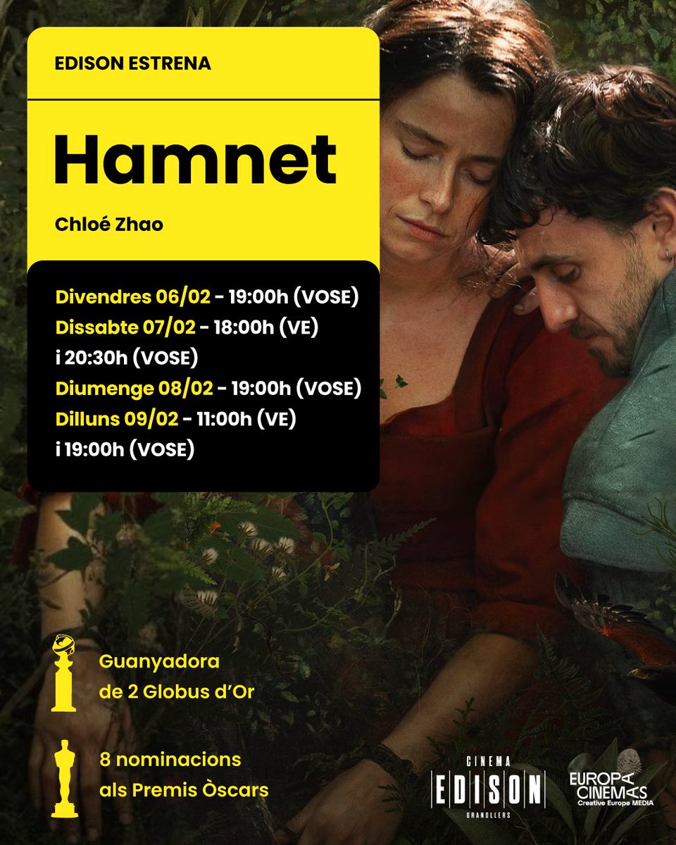edisoncinema's tweet photo. Colossal Hamnet ✨
🎬🎭 Hamnet #EdisonEstrena
🗓 Divendres 06/02 a les 19:00h (VOSE)
🗓 Dissabte 07/02 a les 18:00h (VE) i a les 20:30h (VOSE)
🗓 Diumenge 08/02 a les 19:00h (VOSE)
🗓 Dilluns 09/02 a les 11:00h (VE) i 19:00h (VOSE)
Entrades ja a https://t.co/CM7K4z1ToT! 🎟️ https://t.co/SKHf9aJANb