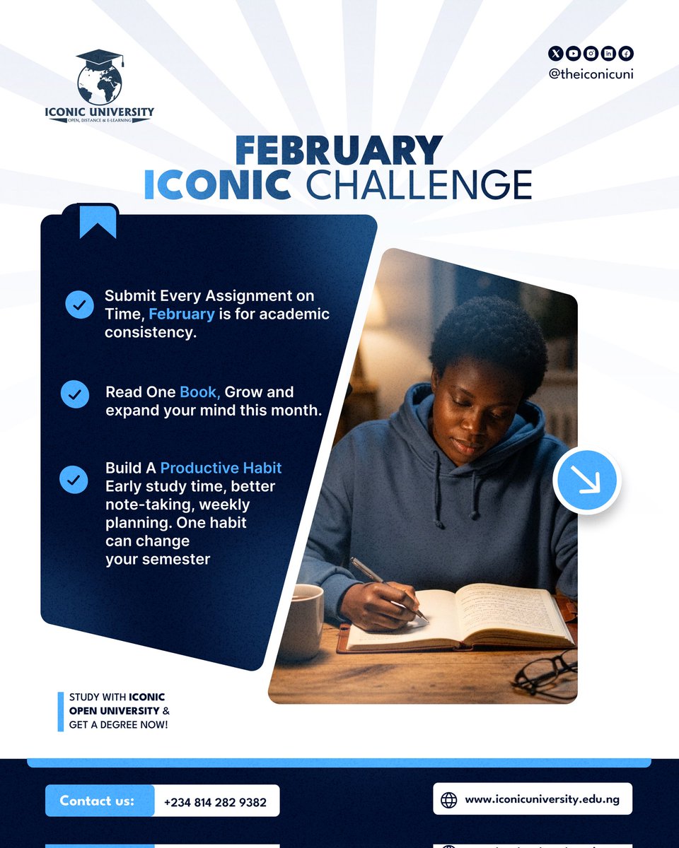 TheIconicUni's tweet photo. February is short, but your goals don’t have to be.
One month. 3 intentional moves.
Let’s make this month iconic
#februarychallenge #Iconicuniversity #FlexibleLearning https://t.co/k6D1SY9csV