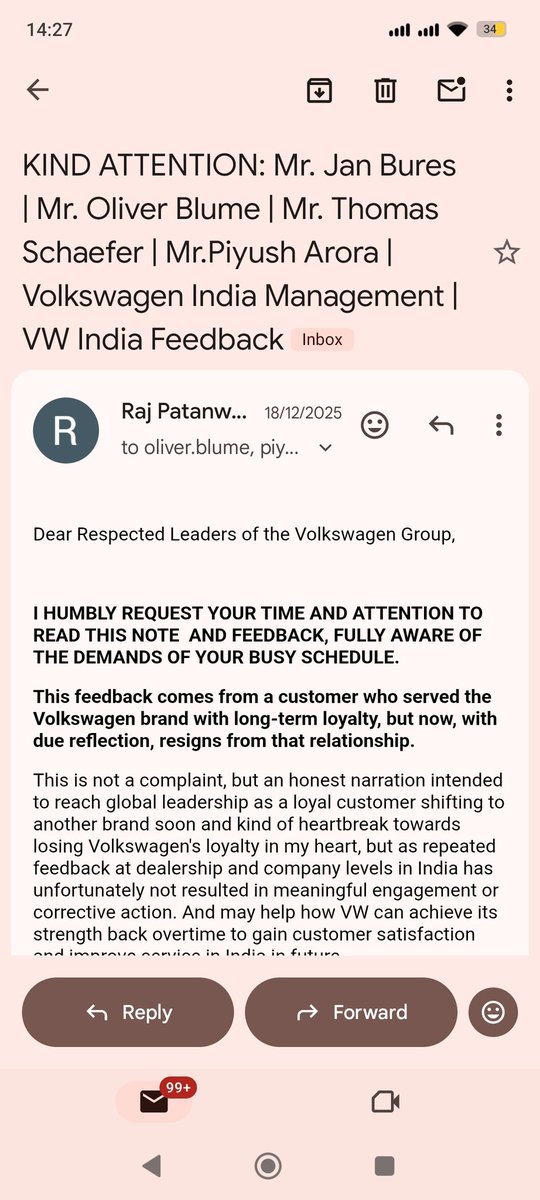 RJwadia's tweet photo. @volklub This is what it looks like when a loyal @volkswagenindia owner chooses another brand—signing off with a final goodbye email to global @VW leadership.
The reason: pathetic after-sales service in India.
And people still believe they can service GTIs or performance-spec VW cars. https://t.co/cYDGVnw9OA