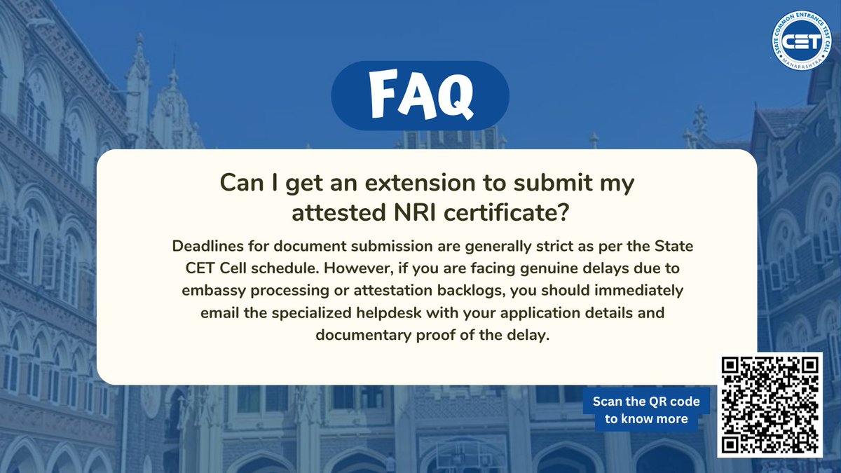 study_in_maha's tweet image. Waiting for your attested NRI certificate?

If delays are due to embassy or attestation processing, contact the CET Cell helpdesk immediately with valid proof.

👉 fn.mahacet.org/category-check…

#SingleWindow #CETCell #NRIAdmissions #StudyInMaharashtra #StudentHelp #FAQ #Mahacet