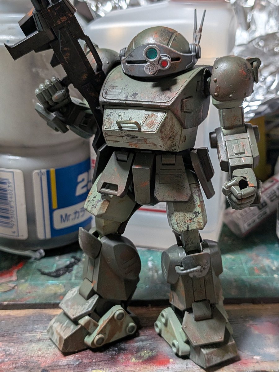 jack7kg's tweet photo. HGスコープドッグ完成
ホビージャパンの作例を参考にしました。
初めてチッピング液使ってみたけど結構良さそう。
ラッカーだと使いづらいのが難点
 #ボトムズ
 #プラモデル https://t.co/OJVaA6sFH8