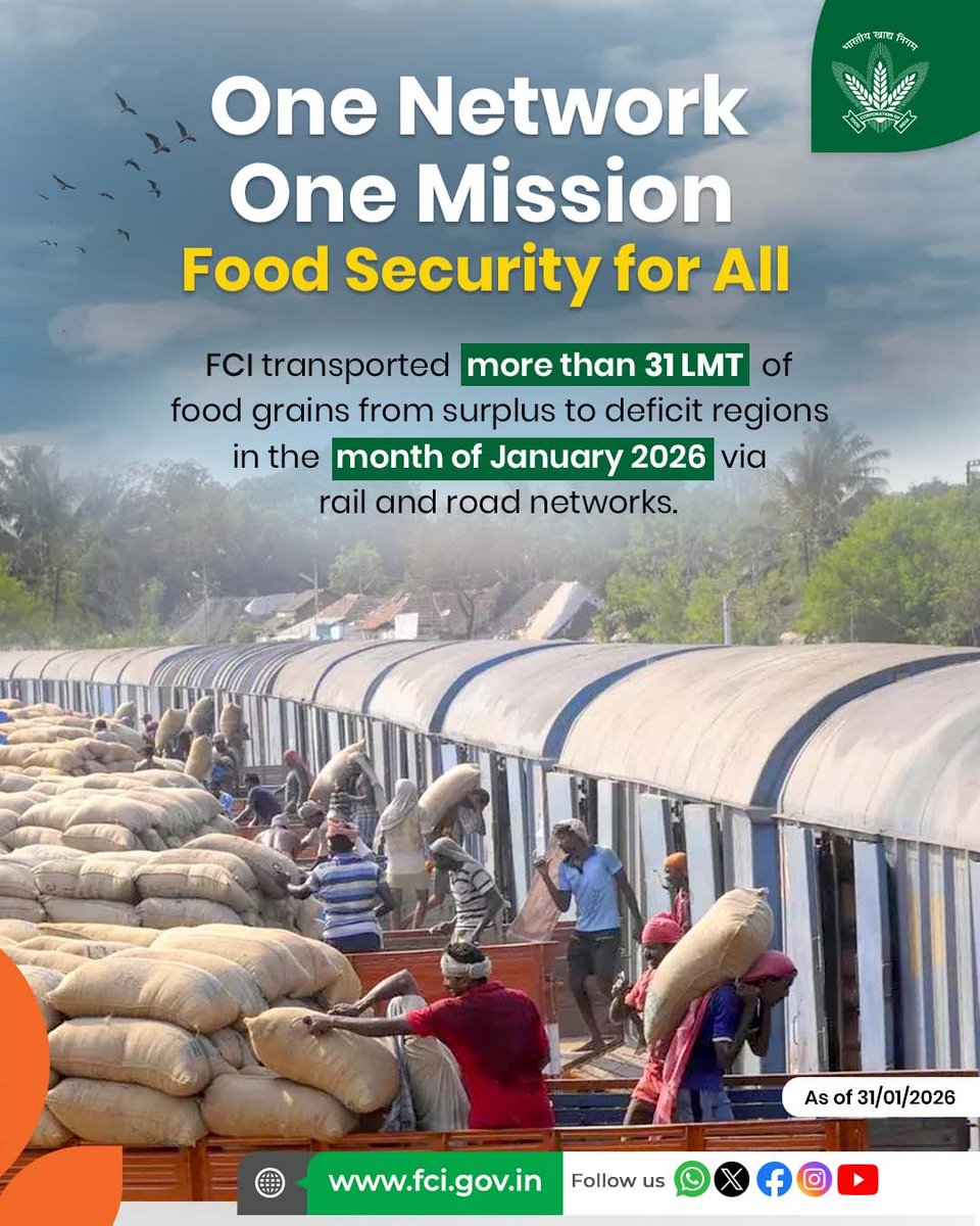 Food Corporation of India continues to move grains across the country and nourish the nation with commitment and care 🌾
Every effort strengthens food security and supports millions every day.

#FoodCorporationOfIndia #FoodSecurity #NationBuilding #PublicService #ServingTheNation