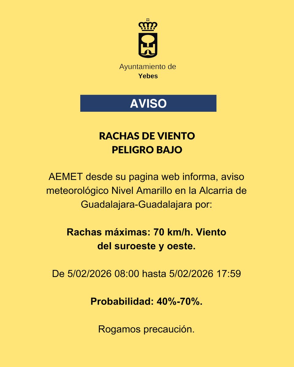 🟡AVISO🟡

🌬️POR RACHAS DE VIENTO🌬️

<a href="/AEMET_Esp/">AEMET</a>  desde su pagina web informa, aviso meteorológico Nivel Amarillo por: rachas de viento de hasta 70km/h
Peligro bajo.

#AyuntamientoDeYebes #AvisoMeteorológico #Nevadas #Precaución