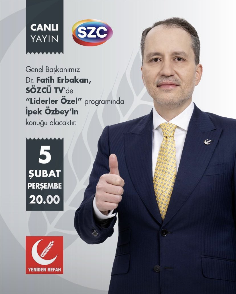 Liderimiz, Genel Başkanımız Dr. Fatih ERBAKAN,
Sözcü Tv’de Liderler Özel Programında Gündemi Değerlendirecek 👍