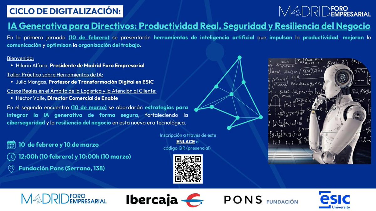 🤖 La IA ya no es el futuro. Es el presente.

📅 10 FEB y 10 MAR

🚀 Ciclo de Digitalización: IA Generativa para Directivos
Productividad, seguridad y resiliencia del negocio.

Con <a href="/JulioMangas/">mangasman</a> de <a href="/ESIC_University/">ESIC</a>  y expertos en IA aplicada a empresa.

📍 <a href="/FUNDACIONPONS/">Fundación PONS</a> | Madrid