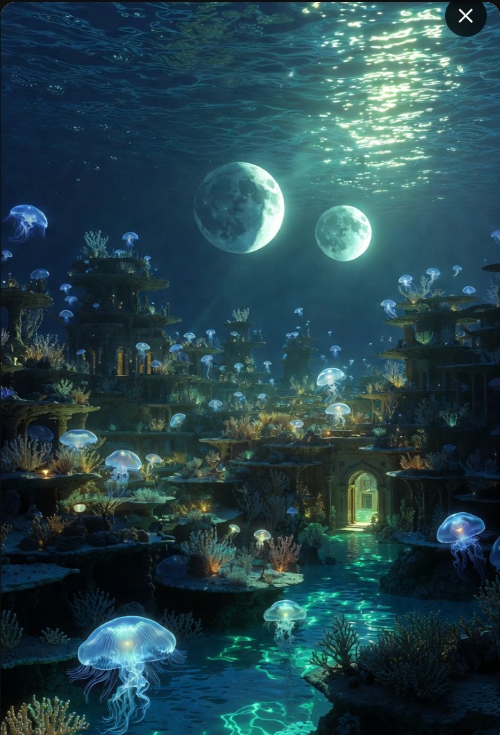 mosque1123's tweet photo. 「双子の月が静かに照らす、生物発光の珊瑚都市。
まるで海底に浮かぶもう一つの世界が、夢から醒めないように輝いているようだね。」 https://t.co/6BkgV9JqL3
