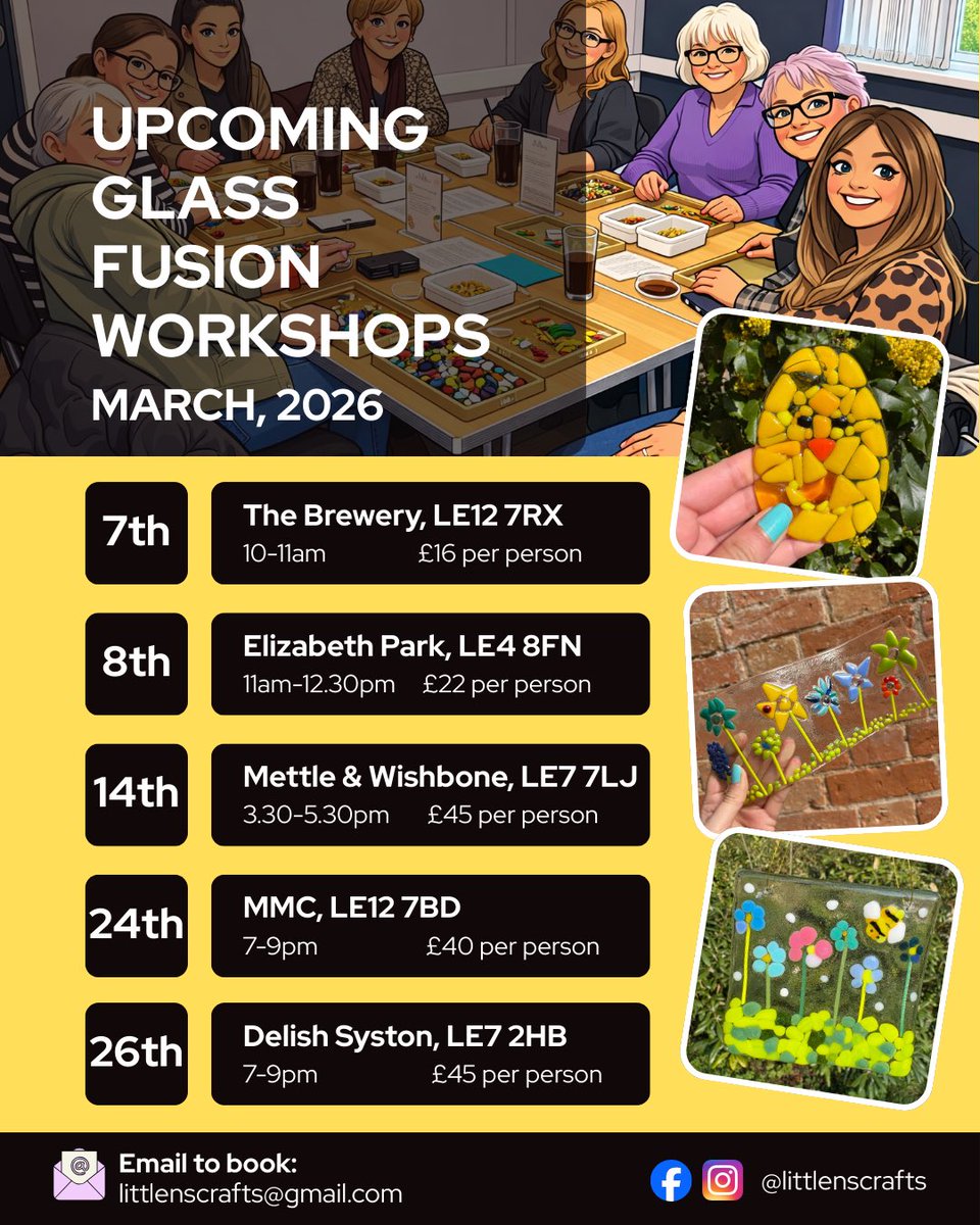 Upcoming Workshops 🐥💚

Email to book: littlenscrafts@gmail.com 

#GlassFusion #Workshops #Handmade #Leicestershire #Leicester #WomanInBiz #CraftBizParty #UKMakers #HTLMP