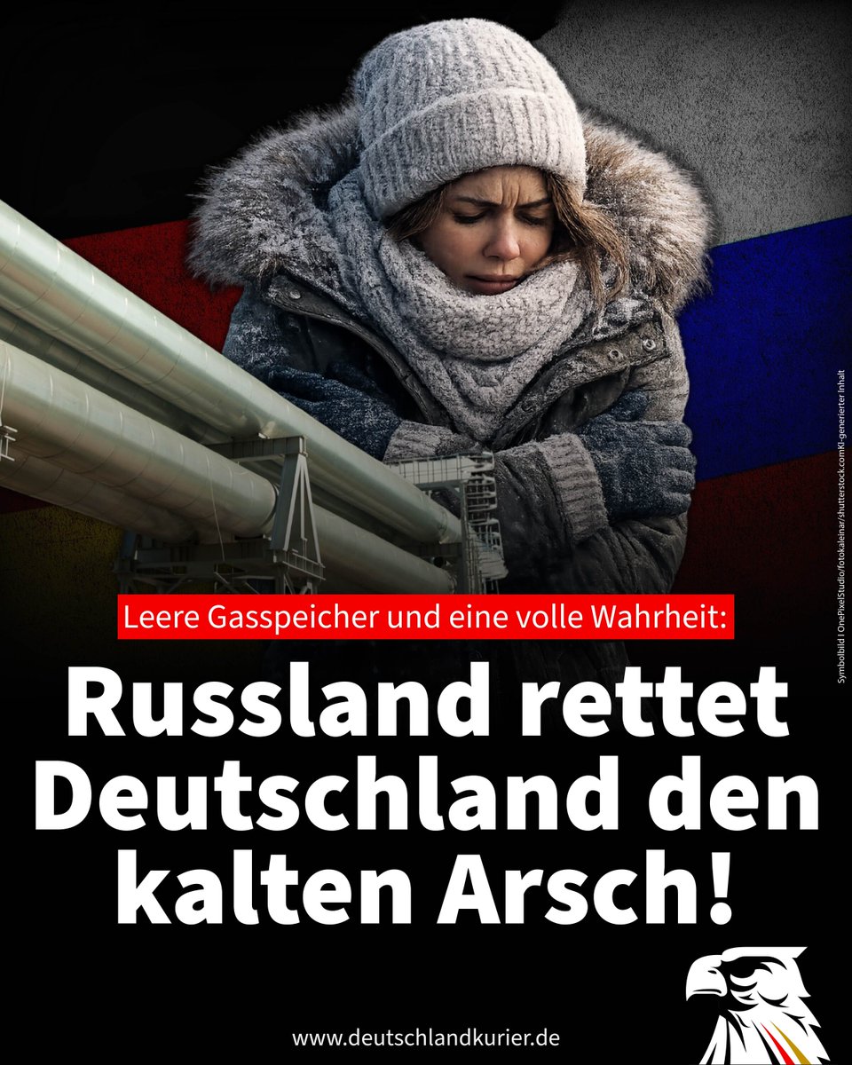 Deu_Kurier's tweet image. Leere Gasspeicher und eine volle Wahrheit: Russland rettet Deutschland den kalten Arsch!

Man muss es wohl so drastisch sagen: Ohne Russen-Gas wäre Deutschland angesichts des harten Winters am Arsch! Einen Winter, den weder Sanktions-Fanatiker noch Klima-Ideologen auf dem Zettel…