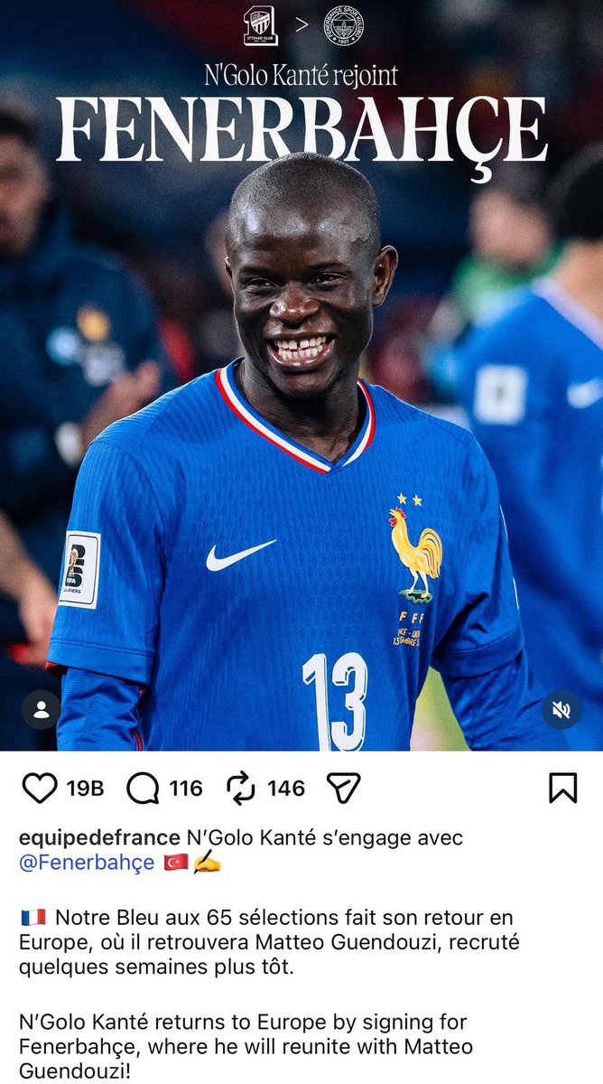 12numaraorg's tweet photo. 🇫🇷 Fransa Milli Takımı, Kante’nin Fenerbahçe’ye transferinden dolayı başarılar diledi.  

“65 kez milli formayı giyen oyuncumuz N’Golo Kanté, Fenerbahçe ile sözleşme imzaladı. Birkaç hafta önce transfer edilen Matteo Guendouzi ile yeniden bir araya geleceği Avrupa'ya geri dönüyor."