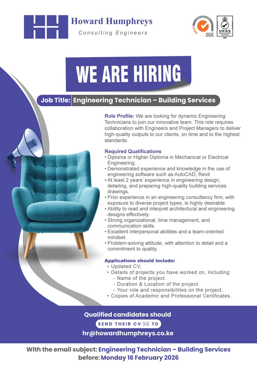 HHEALTD's tweet photo. 🚨 We’re hiring!🚨  Howard Humphreys (East Africa) Ltd is looking for a skilled Engineering Technician with 2+years experience.
Qualified? Send your CV as per details in the poster 📷#Engineeringjobs #NairobiJobs #IkoKazi https://t.co/N081Vtuk4S